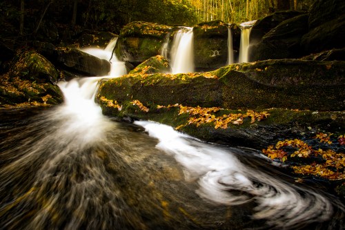 A serene waterfall cascades over mossy rocks, surrounded by autumn leaves and lush greenery.