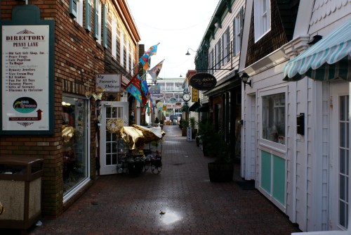 A charming alleyway lined with shops, colorful flags, and brick buildings, inviting visitors to explore.