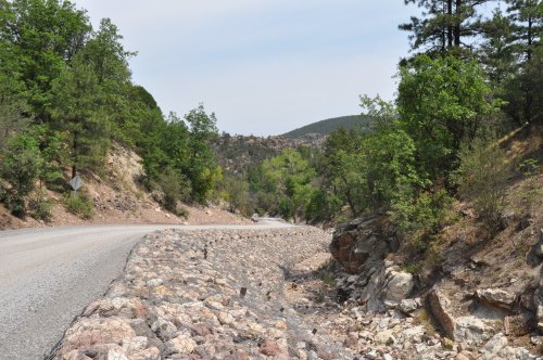 A winding gravel road surrounded by trees and rocky terrain, leading through a mountainous landscape.