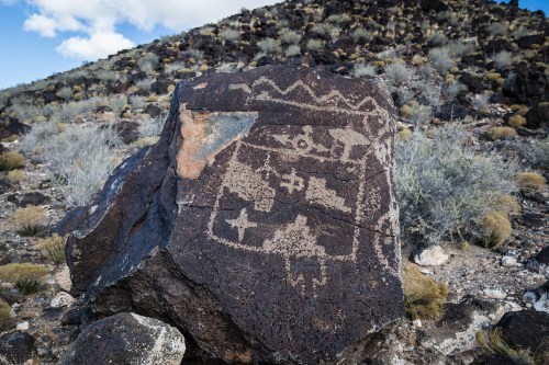 Petroglyphs carved into a large rock, surrounded by desert vegetation and rocky terrain under a blue sky.