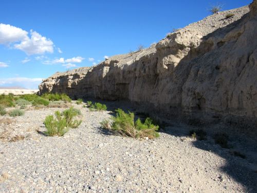 A dry riverbed with rocky terrain and sparse vegetation under a clear blue sky.