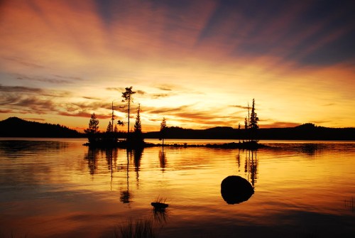 Silhouette of trees on an island at sunset, reflecting in calm water with vibrant orange and purple sky.