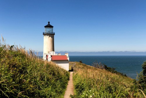 A lighthouse stands on a grassy hill overlooking the ocean under a clear blue sky.