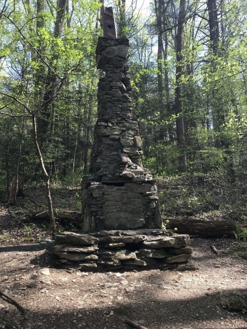 A tall stone structure stands in a forest, surrounded by greenery and trees, with sunlight filtering through the leaves.