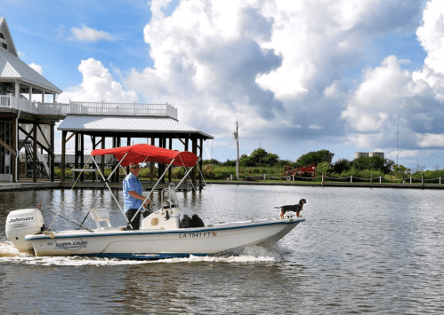 A man drives a small boat with a dog on the bow, surrounded by water and a cloudy sky.