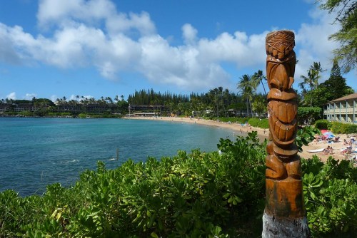 A carved wooden tiki statue stands in the foreground, overlooking a beach with palm trees and a clear blue sky.