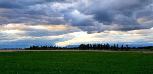 A wide view of a green field under a dramatic sky filled with clouds and distant mountains.