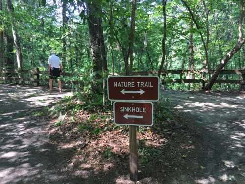 A wooden signpost points to a nature trail and a sinkhole, with a person walking in the background among trees.