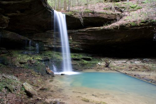 A serene waterfall cascades into a clear pool surrounded by lush greenery and rocky terrain.