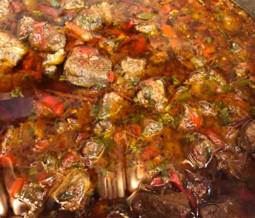 A close-up of a rich, savory stew with chunks of meat, herbs, and colorful spices simmering in a glossy broth.
