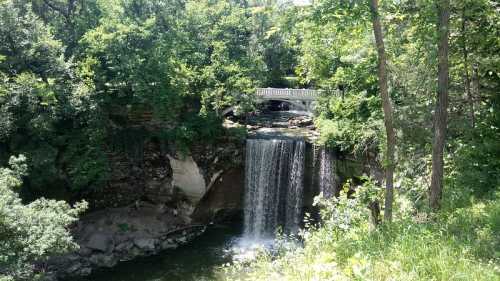 A serene waterfall surrounded by lush greenery, with a bridge in the background and rocks at the water's edge.