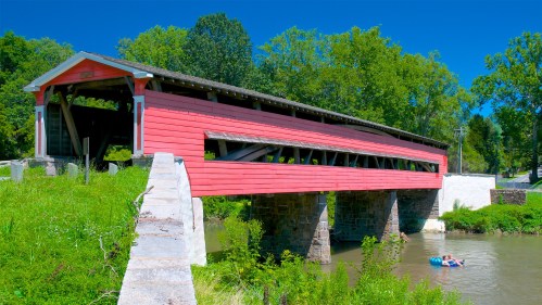 A red covered bridge spans a river, surrounded by lush greenery and a clear blue sky, with a person floating nearby.