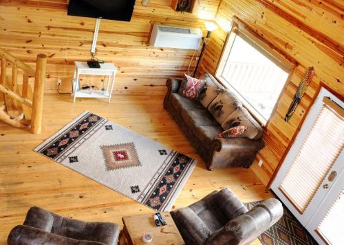 Cozy wooden cabin interior with a sofa, rug, TV, and large windows, creating a warm, inviting atmosphere.