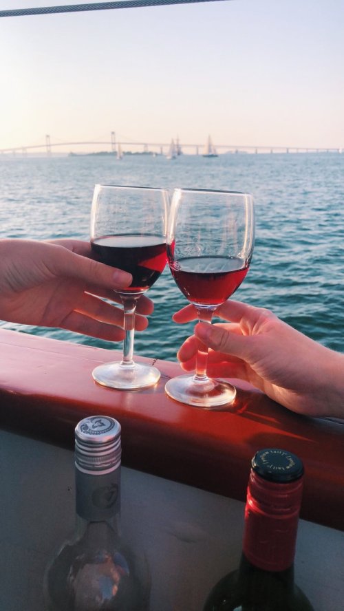 Two hands clink glasses of red wine against a scenic waterfront backdrop with boats and a bridge.