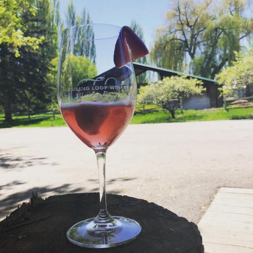 A glass of pink wine with a strawberry garnish, set outdoors with greenery and a rustic building in the background.