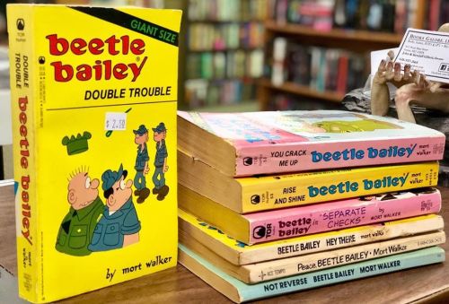A stack of "Beetle Bailey" comic books with a bright yellow cover titled "Double Trouble" by Mort Walker.