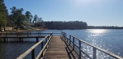 A wooden dock extends into a sparkling lake, surrounded by trees under a clear blue sky.