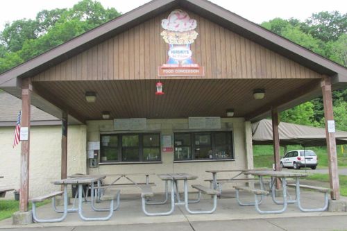 A concession stand with a wooden roof, picnic tables, and a sign for Hershey's ice cream in a park setting.