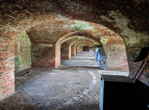 A long, arched brick corridor with greenery, featuring a person standing in the distance.