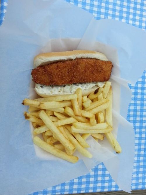A breaded fish fillet sandwich with tartar sauce, served with a side of golden French fries on a checkered tablecloth.