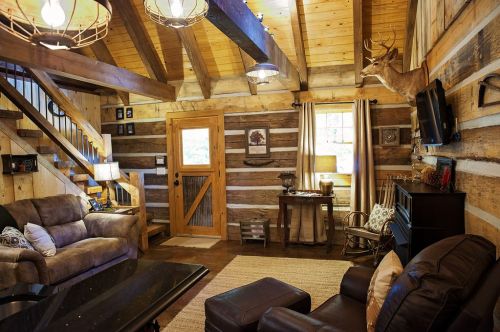 Cozy cabin interior with wooden beams, a sofa, armchairs, a rustic door, and decorative elements like a deer head.