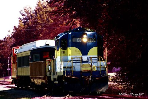 A blue and yellow train engine pulls a cargo car along a tree-lined track in a vibrant, colorful setting.