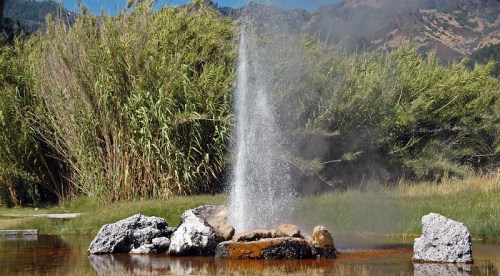 A natural geyser erupts from rocky ground, surrounded by lush greenery and mountains in the background.
