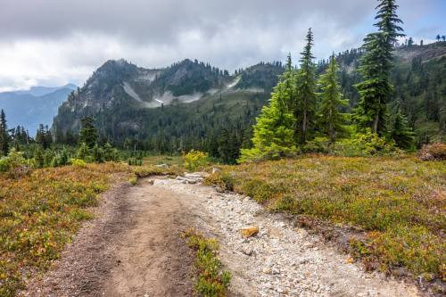 A winding dirt path leads through a lush, green landscape with mountains and cloudy skies in the background.