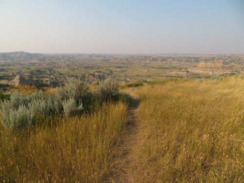 A winding path through tall grass leads to a vast, scenic landscape of rolling hills and valleys under a clear sky.