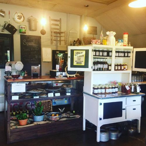 Cozy café interior with a display counter, jars of preserves, and rustic decor, featuring warm lighting and a chalkboard menu.