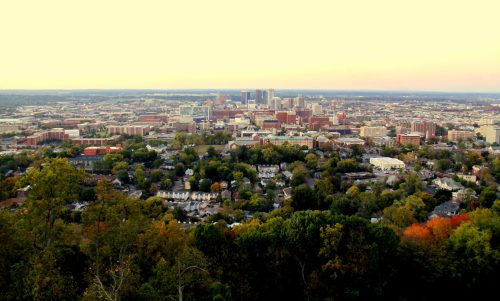 A panoramic view of a city skyline surrounded by trees, showcasing urban buildings and a distant horizon.