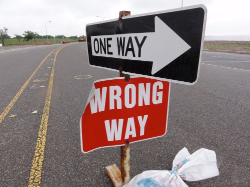 A street sign showing conflicting directions: "One Way" with an arrow and "Wrong Way" in bold red.
