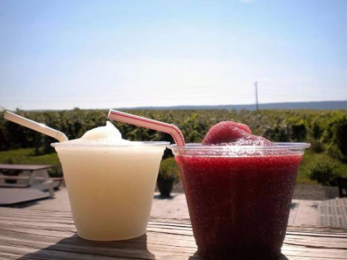 Two frozen drinks in clear cups with straws, set against a sunny vineyard backdrop.