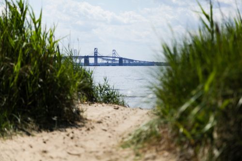 A sandy path leads through tall grass to a river with a bridge in the background under a partly cloudy sky.