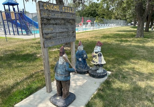 Three gnome statues stand near a sign for "Gnome Field," with a swimming pool and playground in the background.