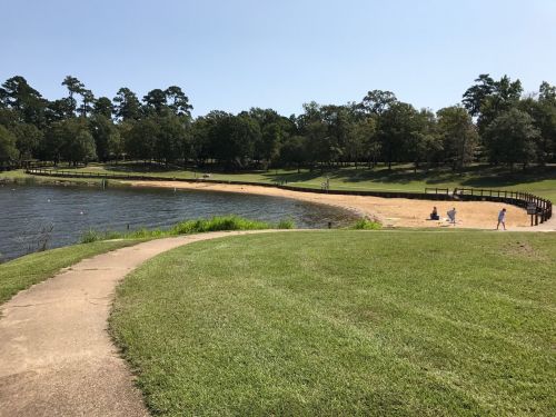 A serene lakeside scene with a sandy beach, green grass, and people enjoying the outdoors under a clear blue sky.