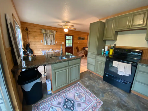 Cozy kitchen with green cabinets, granite countertops, and an open layout leading to a wooden-furnished living area.