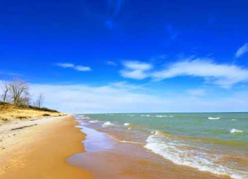 A serene beach scene with golden sand, gentle waves, and a clear blue sky.