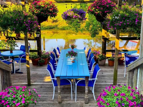 A vibrant outdoor dining area with a blue table, colorful chairs, and hanging flower baskets by a serene pond.
