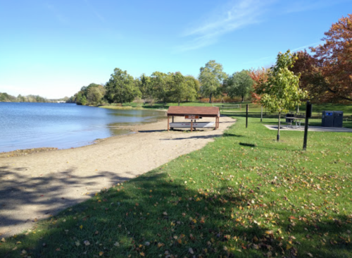A peaceful lakeside scene with a sandy beach, picnic area, and colorful autumn trees under a clear blue sky.