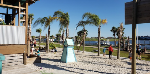 A sunny beach park with palm trees, a sandy area, and people enjoying the waterfront view.
