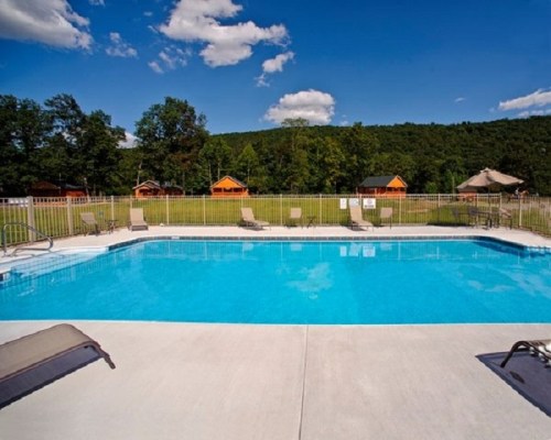 A clear blue swimming pool surrounded by lounge chairs, with green trees and cabins in the background under a blue sky.