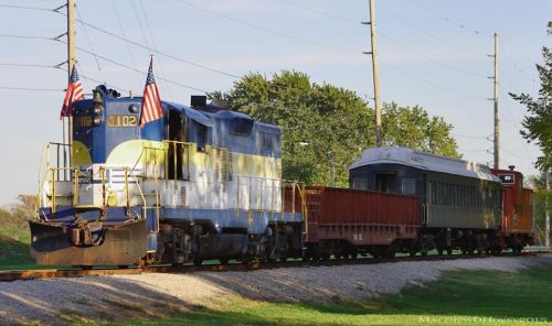A blue and yellow train engine with flags, pulling a mix of freight and passenger cars along a grassy track.