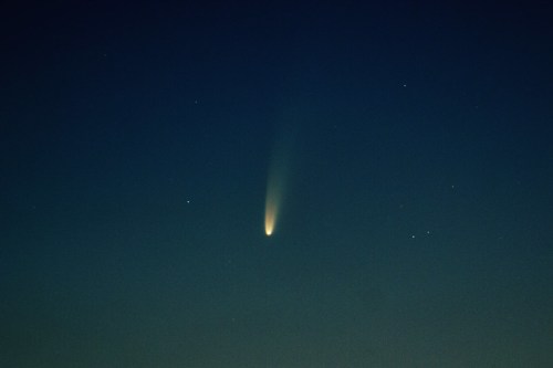 A bright comet with a long tail streaks across a dark night sky filled with stars.