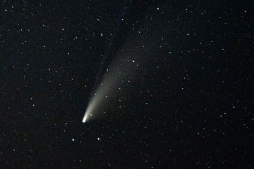 A bright comet with a long tail streaks across a starry night sky.