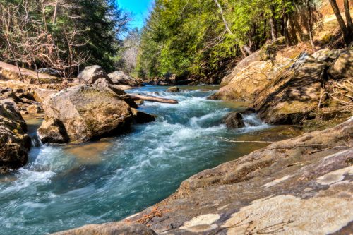 A serene river flows through rocky terrain, surrounded by lush green trees under a clear blue sky.