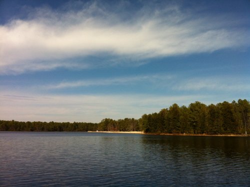A serene lake surrounded by trees under a blue sky with wispy clouds, reflecting the calm water.