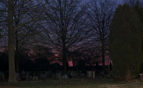A dark cemetery at dusk, with silhouetted trees and a purple-pink sky in the background.