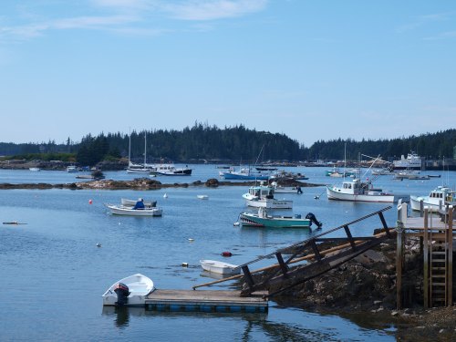 A serene coastal scene with various boats anchored in a calm harbor, surrounded by trees and rocky shores.