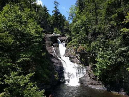 A serene waterfall cascading down rocky cliffs, surrounded by lush green trees under a clear blue sky.